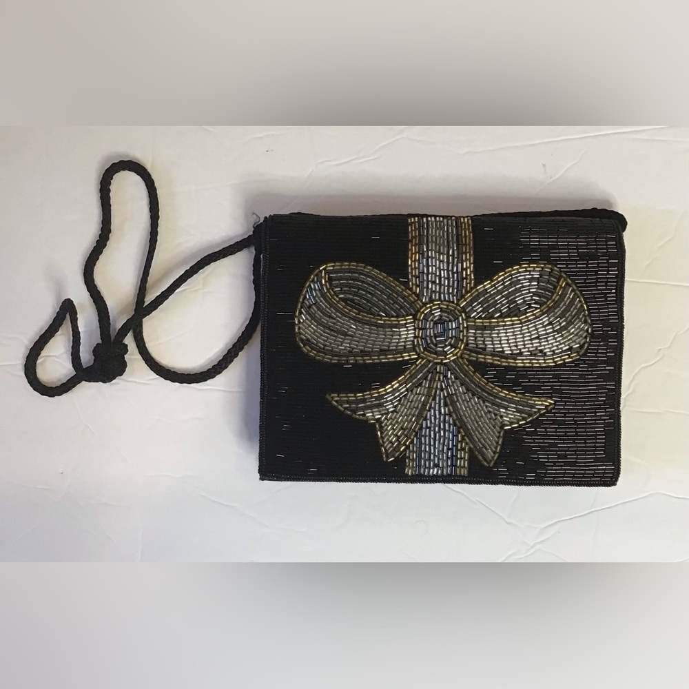Carla Marchi Black, Gold & Silver Evening Holiday Beaded Clutch Shoulder Purse
